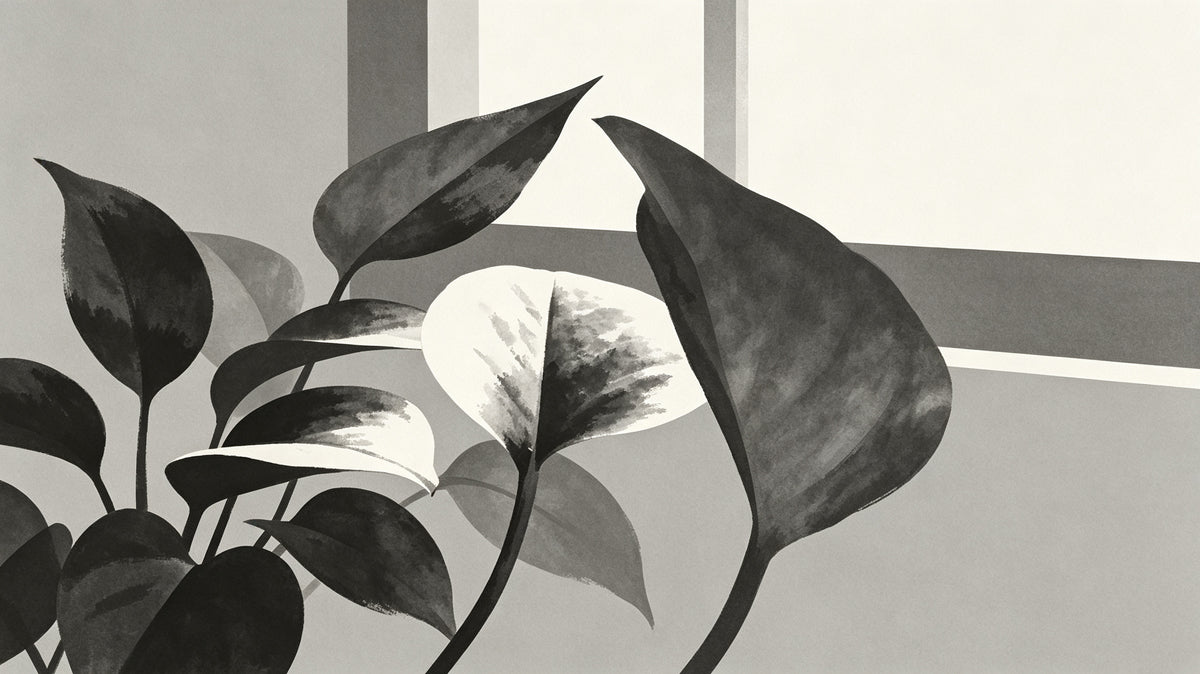 Monochrome mural with large painterly pothos leaves in shades of charcoal, slate, and white.