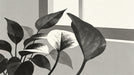 Monochrome mural with large painterly pothos leaves in shades of charcoal, slate, and white.