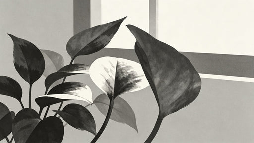 Monochrome mural with large painterly pothos leaves in shades of charcoal, slate, and white.