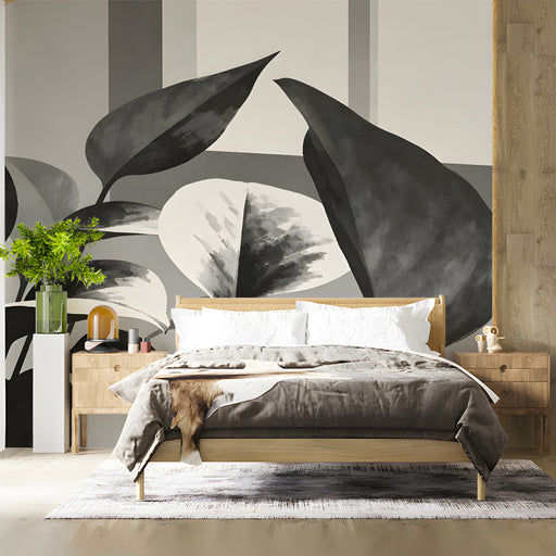 Bedroom walls decorated with a neutral, artistic plant motif mural.