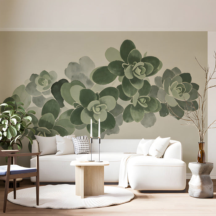 Elegant watercolor plant mural in a quiet living room with linen accents