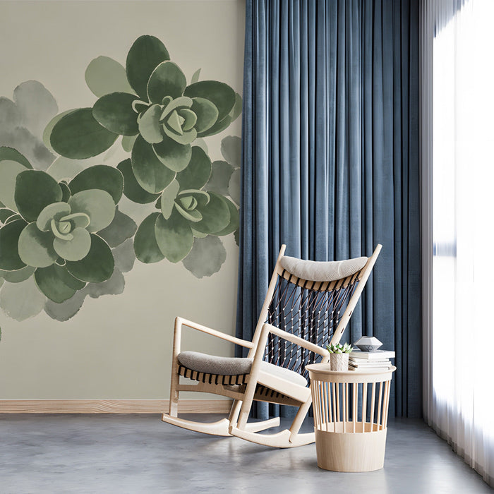 Minimalist botanical wall mural installed in a serene study with natural wood furniture