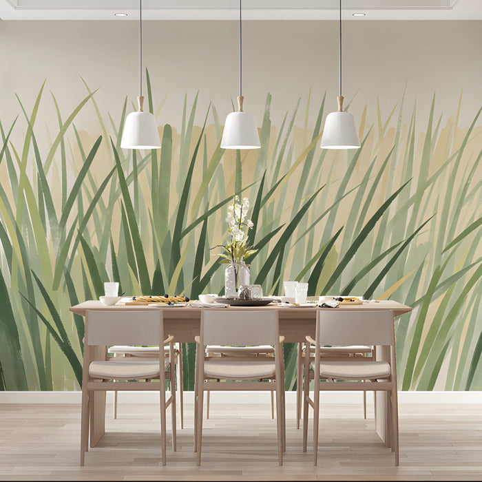 Watercolor grass mural installed in a bright, airy dining room with oak furniture.