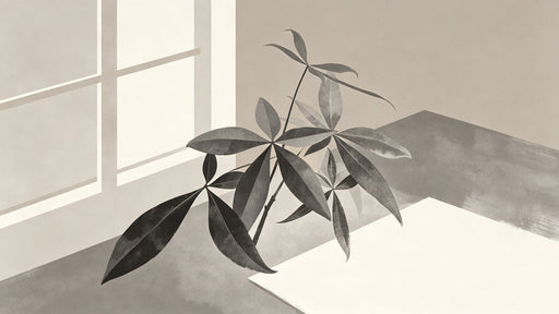 Minimalist botanical wall mural featuring watercolor-style leaves in shades of taupe, sand, and deep charcoal gray.