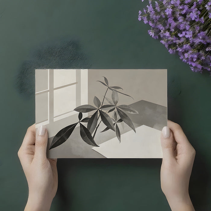 Abstract plant leaf mural in soft neutral tones acting as a calming backdrop in a sun-drenched living room.