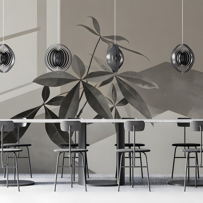 Warm taupe botanical mural installed as a feature wall behind a wooden desk in a home office.
