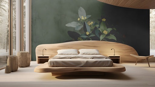 The sage green floral mural installed as a feature wall behind a minimalist velvet bed frame in a master bedroom.