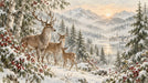 Winter forest wallpaper with a deer family, snowy birch trees, and mountain landscape