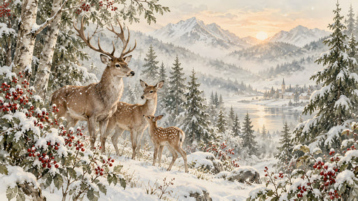 Winter forest wallpaper with a deer family, snowy birch trees, and mountain landscape