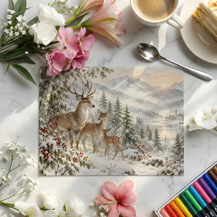 Snowy mountain forest mural applied to a peaceful bedroom wall behind a bed
