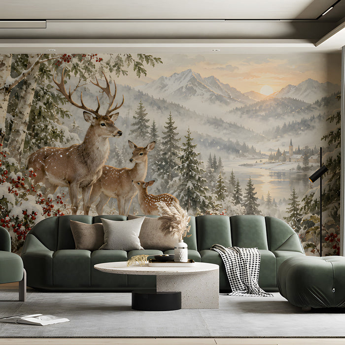 Seasonal mountain landscape wallpaper in a bright living room setting