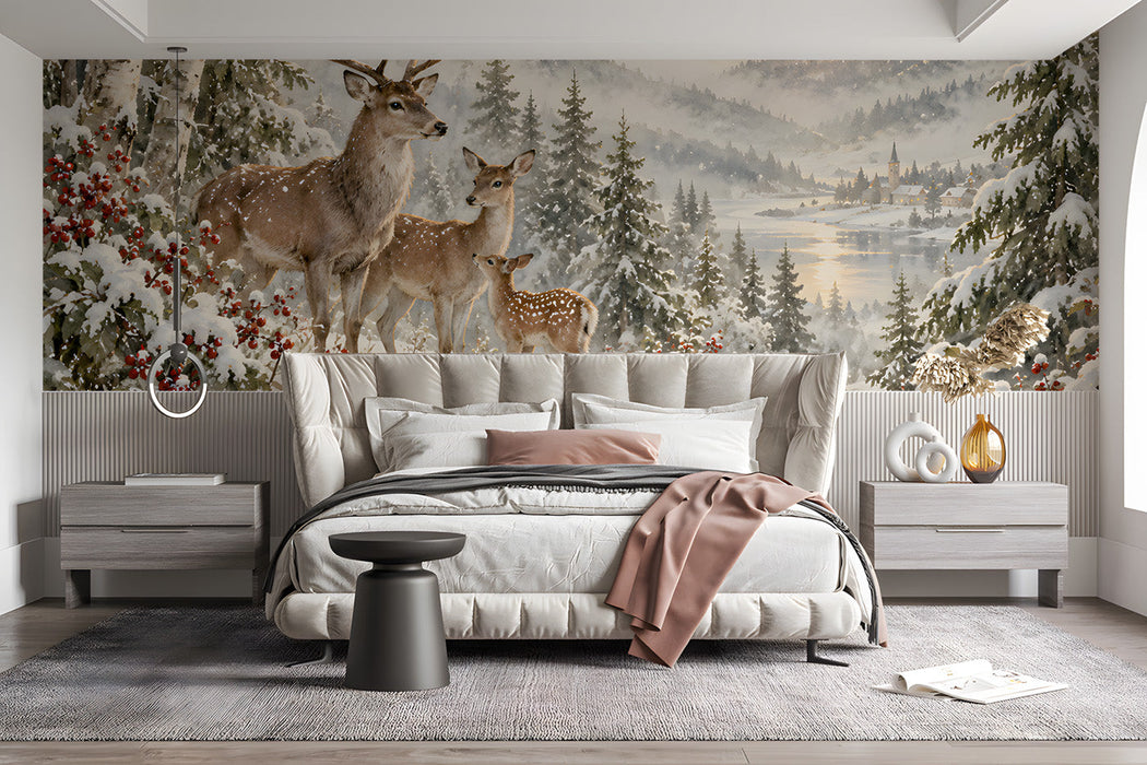 Winter stag wall mural installed as a feature wall in a minimalist bedroom