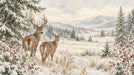 Watercolor landscape mural featuring a stag and doe in a snow-covered meadow with evergreen trees and holly berries