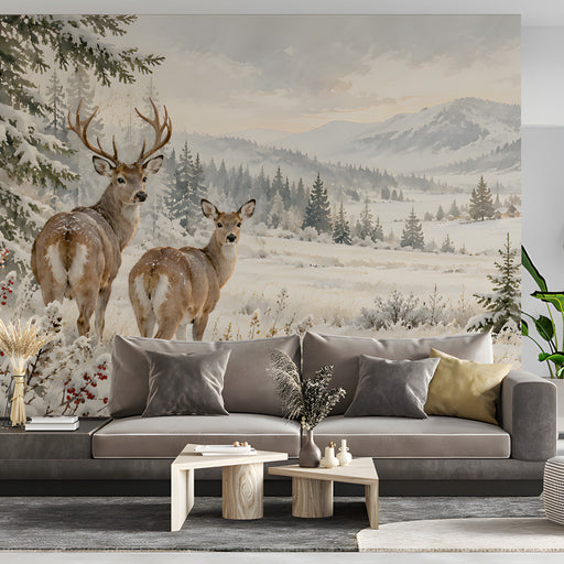 Winter wildlife wallpaper in a tranquil hotel hallway with a neutral sofa and warm accents