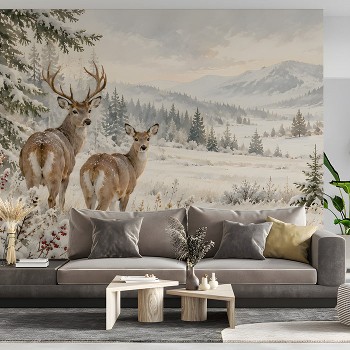 Winter wildlife wallpaper in a tranquil hotel hallway with a neutral sofa and warm accents