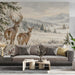 Winter wildlife wallpaper in a tranquil hotel hallway with a neutral sofa and warm accents