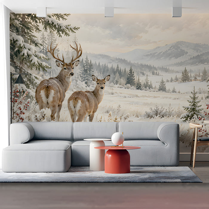Winter forest mural installed in a cozy commercial space with wooden furniture and soft textures