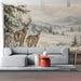 Winter forest mural installed in a cozy commercial space with wooden furniture and soft textures