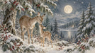 A oil painting mural of a mother deer and fawn in a snow-covered winter forest under a full moon with red berries.