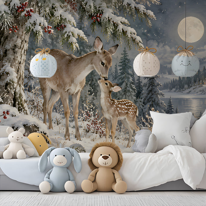 A quiet kid's room corner showcasing a snow-dusted forest scene that offers a calming woodland escape.
