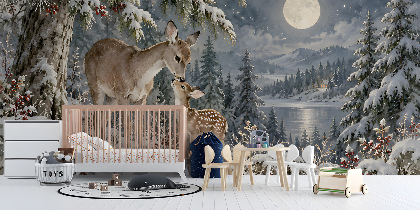 A cozy bedroom with a winter deer forest mural behind the headboard and soft neutral bedding.