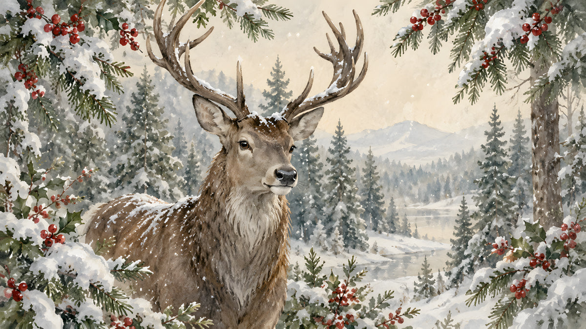 A painterly winter forest mural featuring a noble stag standing among snow-covered pine branches and bright red holly berries.