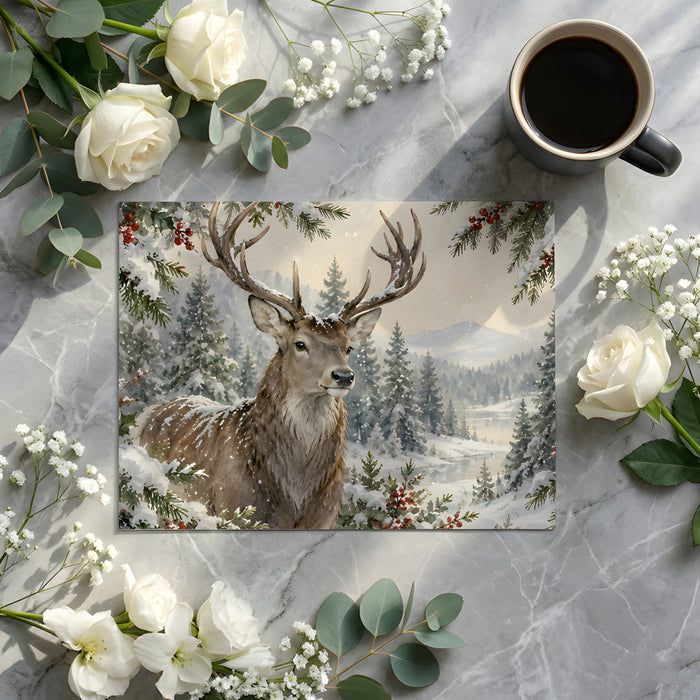 A bright dining room wall decorated with a winter stag nature scene, complemented by neutral furniture.