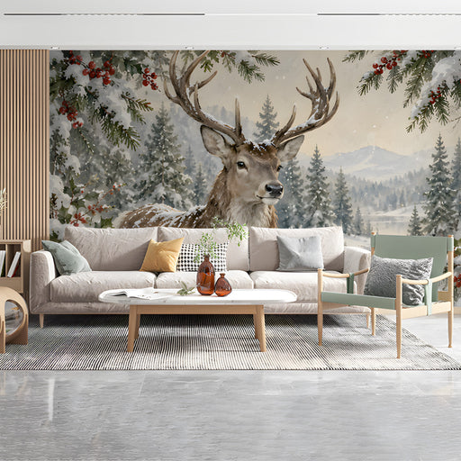 A cozy bedroom featuring a snowy stag forest wall mural behind a minimalist wooden bed frame.