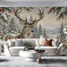A quiet study room with a woodland winter mural creating a peaceful backdrop for a mahogany desk.