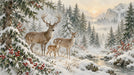 A scenic winter landscape mural featuring a stag, doe, and fawn standing in a snow-covered forest with red berries.