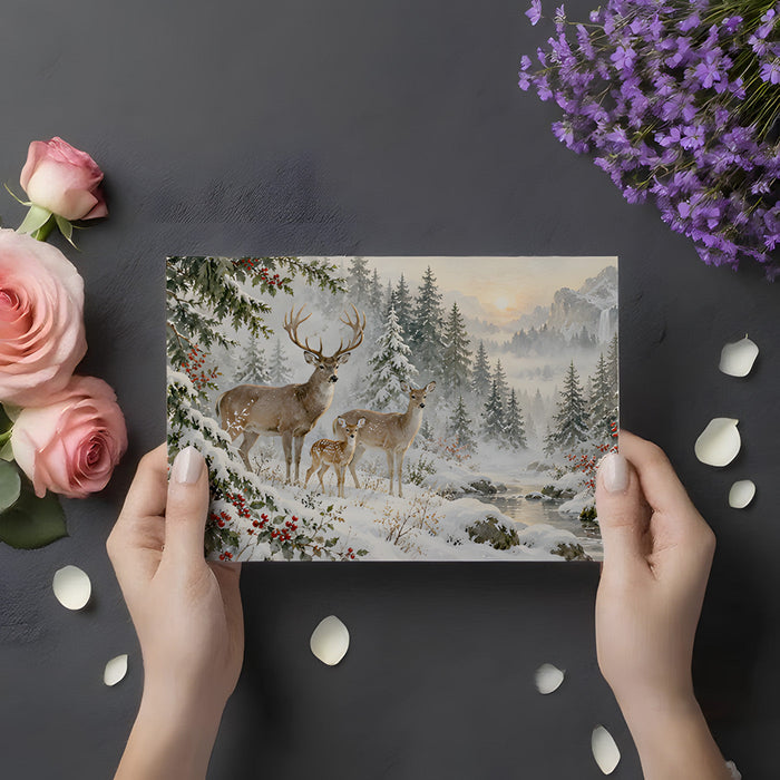 A tranquil bedroom space featuring a winter deer landscape mural behind the bed headboard.