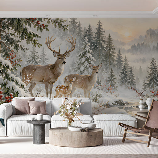 A bright, quiet home library featuring a serene winter woodland mountain mural covering the wall.