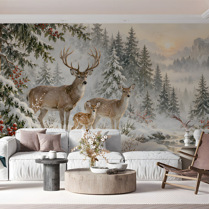 A bright, quiet home library featuring a serene winter woodland mountain mural covering the wall.
