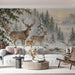 A bright, quiet home library featuring a serene winter woodland mountain mural covering the wall.