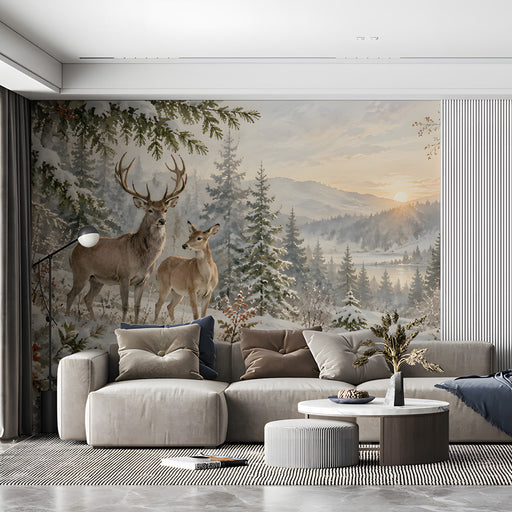 A quiet living room with a landscape mural that brings the stillness of a winter morning indoors.