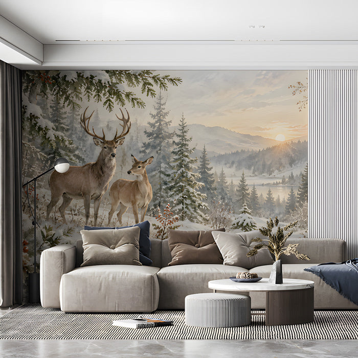 A quiet living room with a landscape mural that brings the stillness of a winter morning indoors.