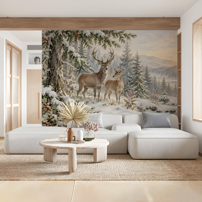 A cozy living room featuring a snowy winter forest wallpaper behind the headboard.