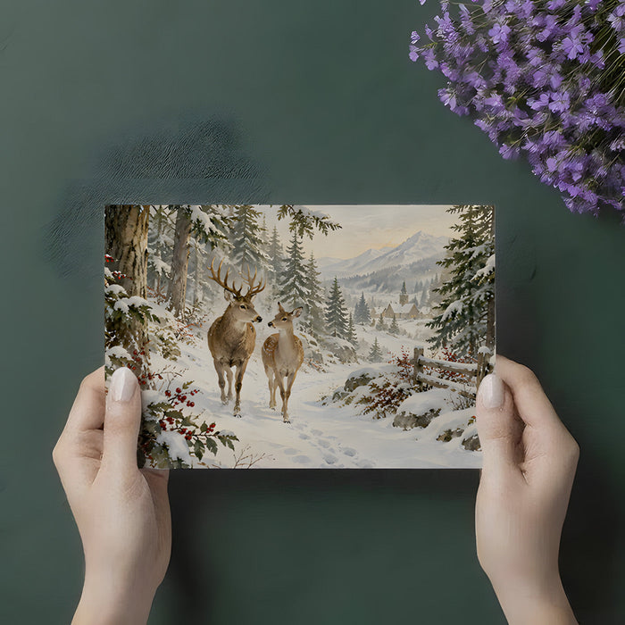 A bright, peaceful living room with a large-scale winter forest landscape mural.