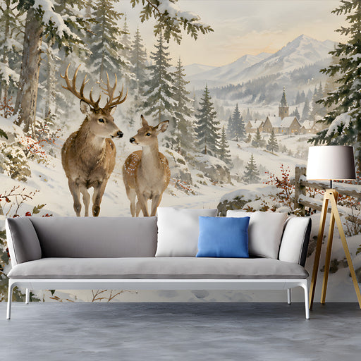 A welcoming entryway study wall decorated with an artistic snowy village and deer scene.