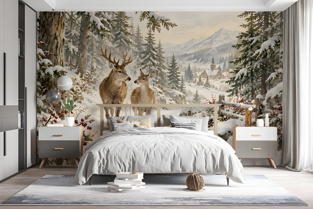 A cozy bedroom wall featuring a snowy winter forest mural with deer and mountains.