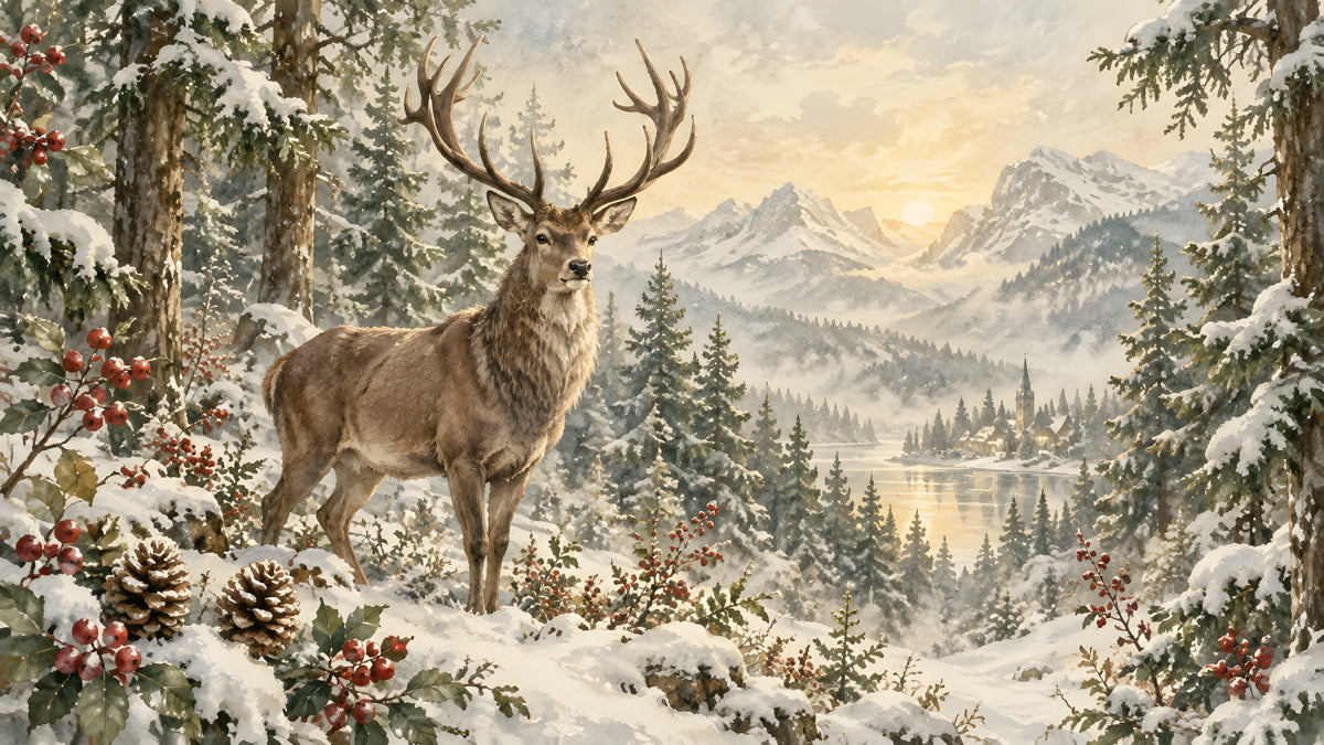 A painterly mountain scene featuring a majestic stag standing in a snowy evergreen forest with a lake in the background