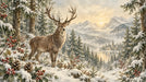 A painterly mountain scene featuring a majestic stag standing in a snowy evergreen forest with a lake in the background