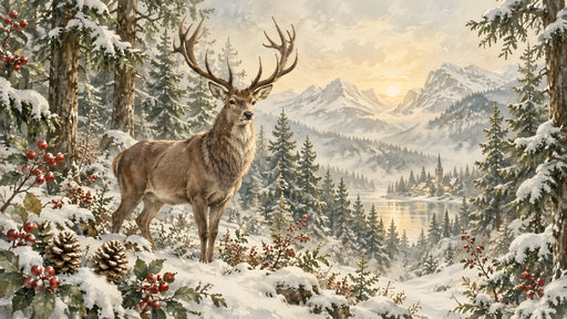A painterly mountain scene featuring a majestic stag standing in a snowy evergreen forest with a lake in the background