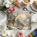 Alpine forest wallpaper backdrop in a cozy home library with wood bookshelves