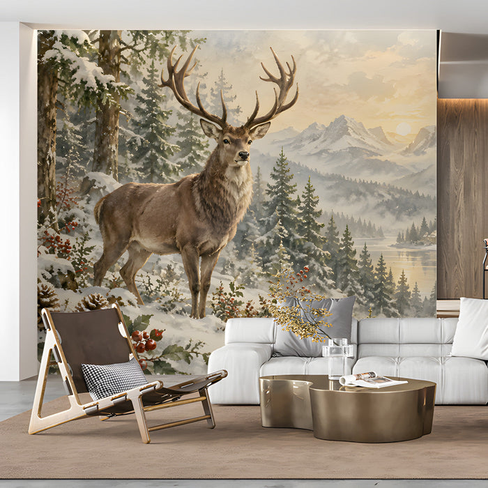Snowy mountain landscape mural in a grand living room with rustic furniture