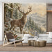 Snowy mountain landscape mural in a grand living room with rustic furniture