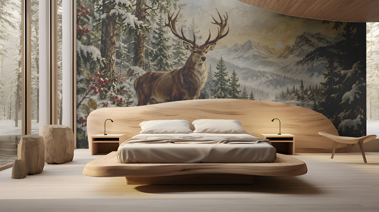 Winter stag mural installed on a bedroom wall behind a plush bed with neutral bedding