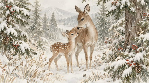 Watercolor painting of a doe and fawn in a snow-covered pine forest with red berries