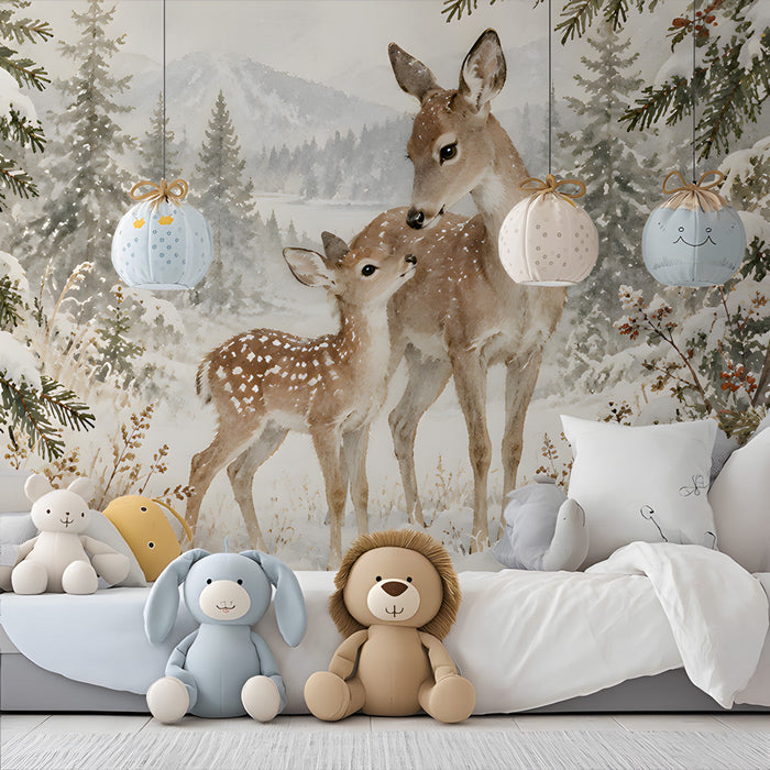 Snowy forest scene wallpaper used as an accent in a quiet bedroom