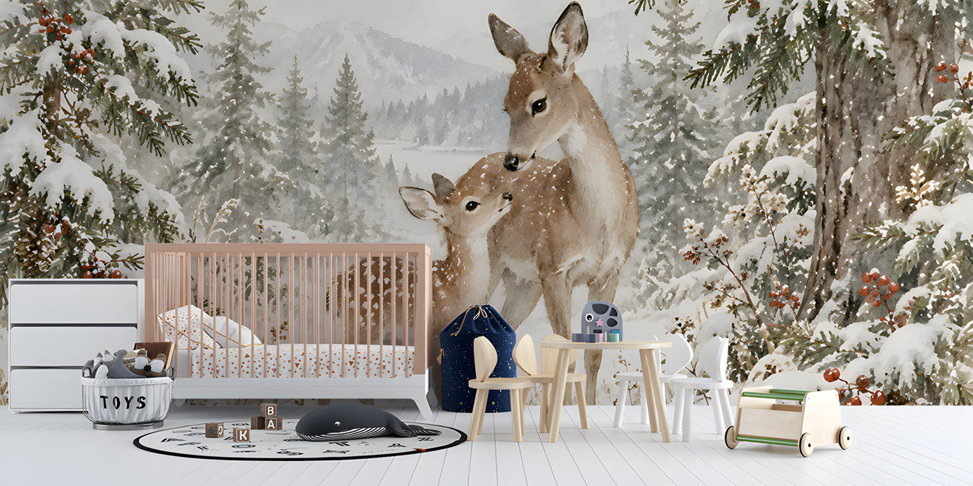 Winter deer forest mural installed on a feature wall in a cozy nursery with soft lighting
